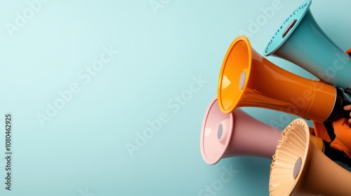 Various colored megaphones creatively arranged on a light blue background, symbolizing themes of communication and attention in a bright, modern setting. photo