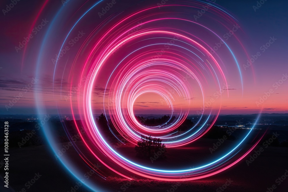 Enchanting 3D Neon Light Trails Twirling Across a Dusk Landscape Enchanting 3D Neon Light Trails Twirling Across a Dusk Landscape