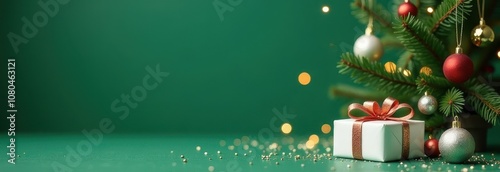 Banner with Christmas gifts, fir tree and New Year lights on a green background. Winter green decor background with copy space for text, advertising, new year card photo