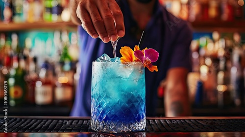 A bartender mixing a Blue Hawaii cocktail, with a vibrant tropical bar setup in the background.