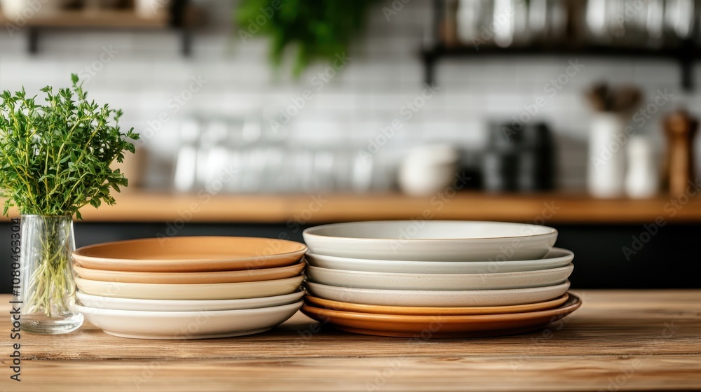 An artistic stack of minimalist plates is artfully arranged on a wooden table beside a small vase of fresh herbs, accentuating the clean and modern kitchen aesthetic.