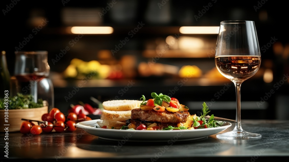 In a dimly-lit, elegant dining setting, a gourmet steak dish garnished with cherry tomatoes and herbs is presented alongside a glass of red wine, inviting indulgence and luxury. In a dimly-lit, elegant dining setting, a gourmet steak dish garnished with cherry tomatoes and herbs is presented alongside a glass of red wine, inviting indulgence and luxury.