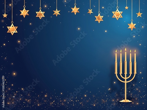 Modern Hanukkah design with geometric stars, menorahs, and festive lights on a dark blue gradient photo