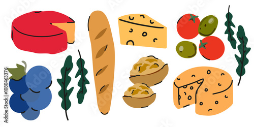 Retro cheese and food stickers. Hand drawn doodle vintage style. Edam, gouda, cheddar, parmesan cheese, baguette, bottle of wine and wine appetizer. Vector poster for kitchen, cheese or wine shop
