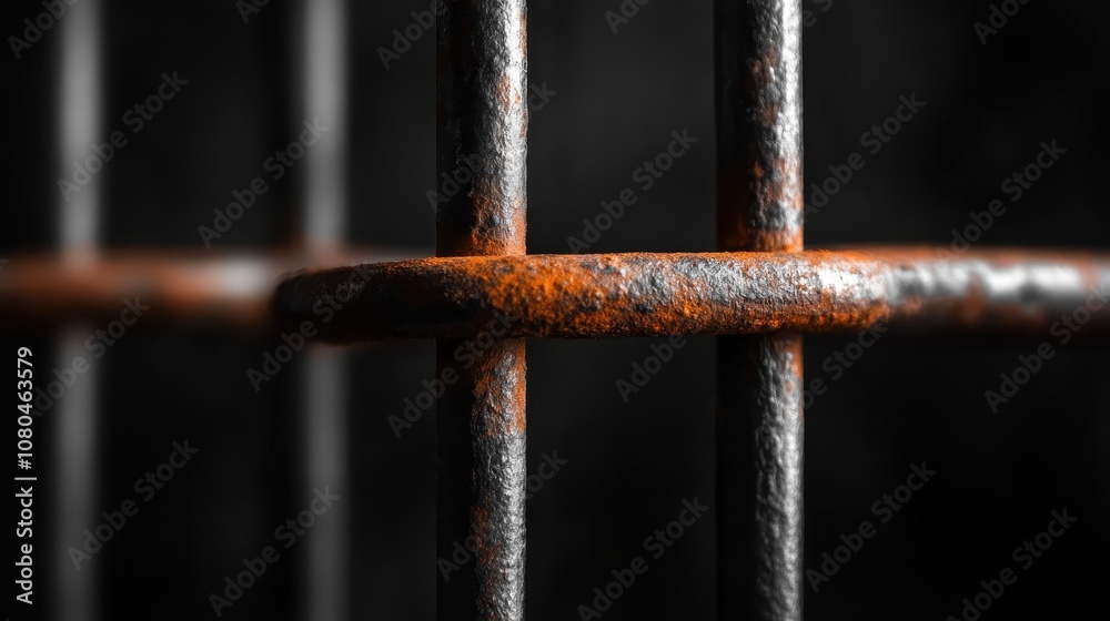 A detailed shot of aged and corroded bars that resemble those on prison windows, conveying a sense of loneliness and confinement against a dark backdrop. A detailed shot of aged and corroded bars that resemble those on prison windows, conveying a sense of loneliness and confinement against a dark backdrop.