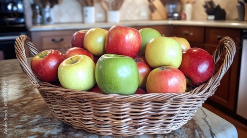 Wallpaper Mural A basket filled with red, green, and yellow apples, sitting on a rustic kitchen counter, ready for baking or snacking Torontodigital.ca