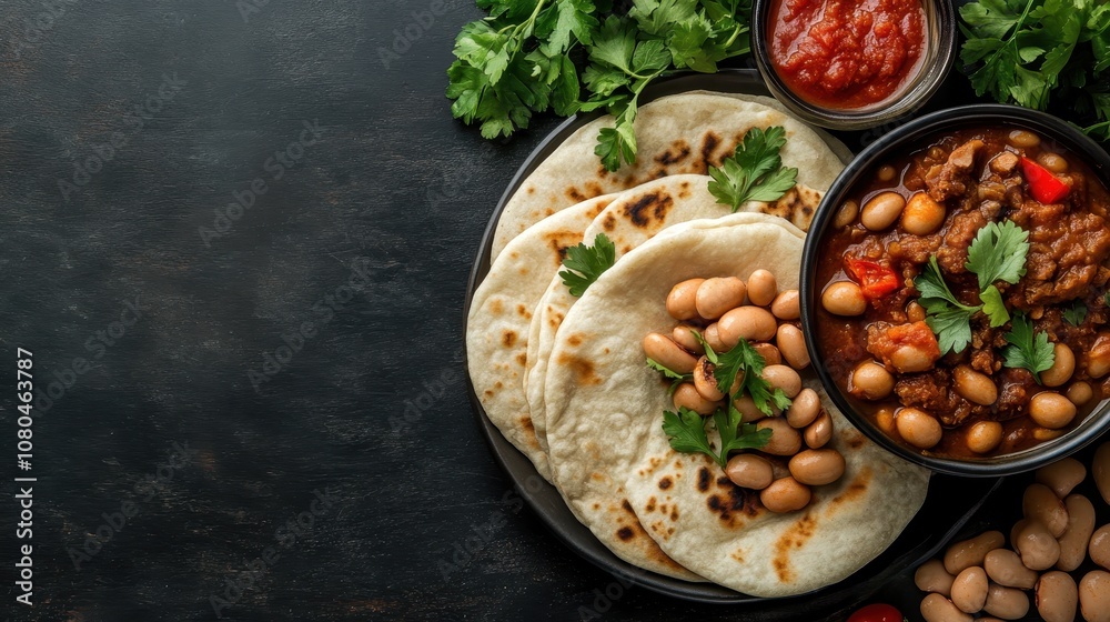 A delicious spread featuring soft flatbreads served with a bean stew and a side of spicy salsa, capturing a blend of flavorful and cultural dining experiences. A delicious spread featuring soft flatbreads served with a bean stew and a side of spicy salsa, capturing a blend of flavorful and cultural dining experiences.