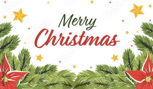 Merry Christmas Banner Design Decorated with Fir Leaves, Poinsettia Flowers and Stars Decorated Background.