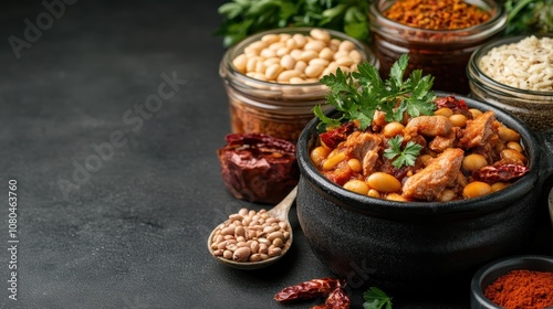 A hearty dish of bean stew presented in a rustic clay pot, garnished with fresh herbs and surrounded by various spices, symbolizing comfort and culinary warmth.