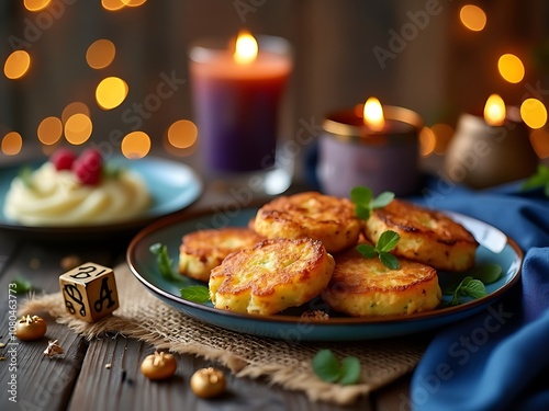 Traditional Hanukkah background with a table setting of latkes, gelt, and dreidels in a cozy atmosphere photo