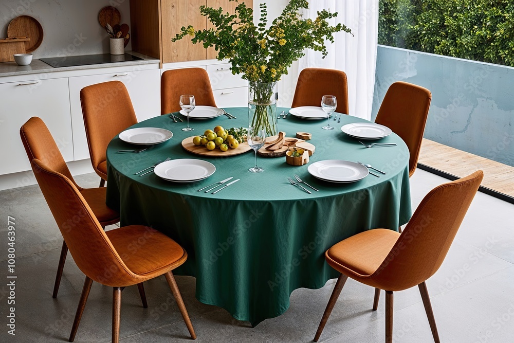 Obraz premium Modern Circular Tablecloth for a Fresh Dining Aesthetic
