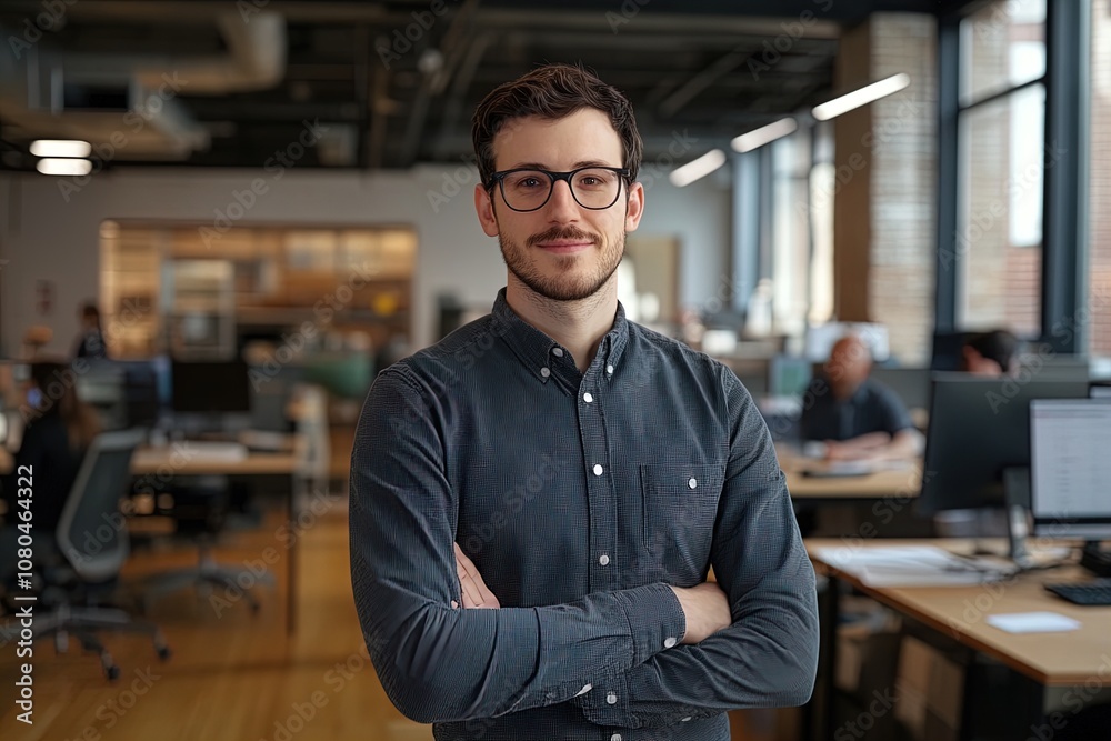 Fototapeta premium A Young Professional Poses Confidently in a Modern Office Environment During a Busy Workday