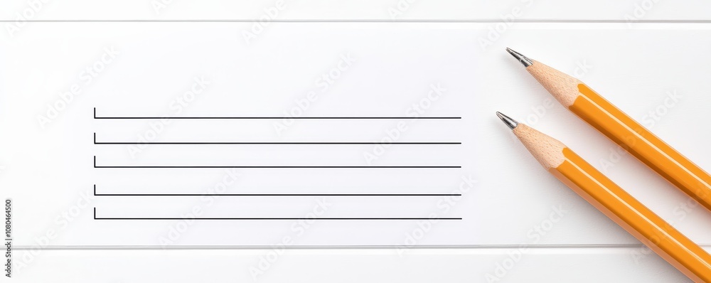 A minimalist workspace featuring two yellow pencils beside a blank lined note page, emphasizing simplicity and organization. A minimalist workspace featuring two yellow pencils beside a blank lined note page, emphasizing simplicity and organization.