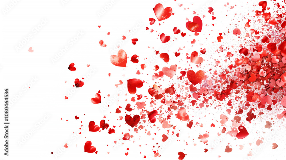Red hearts explosion cloud, vibrant color confetti splash, love and emotion, heart particles, valentine day, isolated white background Red hearts explosion cloud, vibrant color confetti splash, love and emotion, heart particles, valentine day, isolated white background