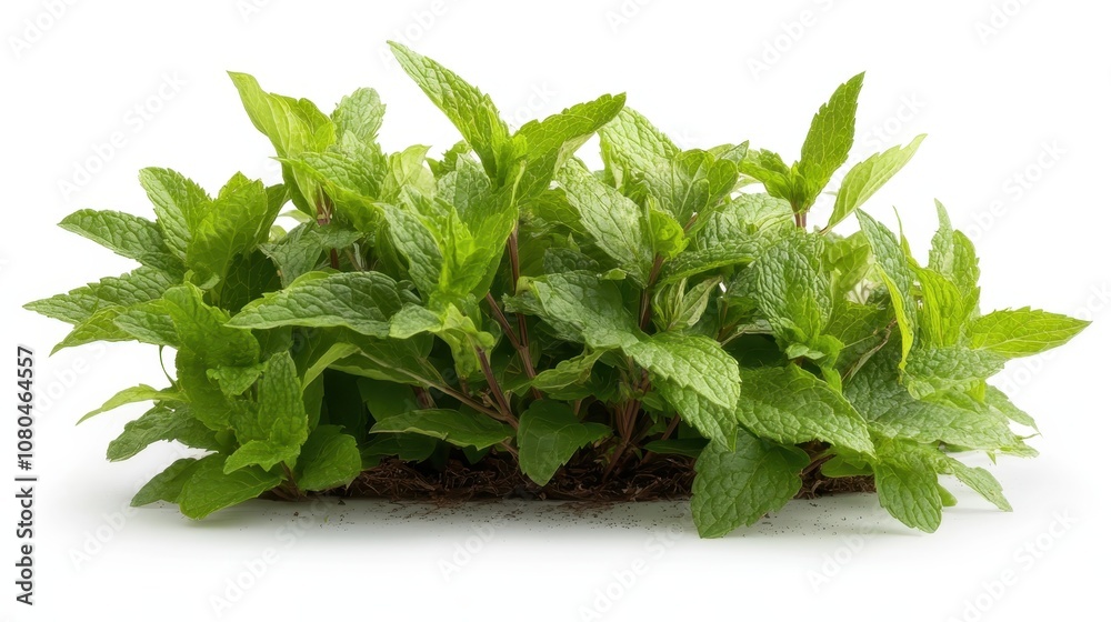 Lush mint leaves growing in a neat cluster, the rich green color highlighting their health and freshness, promising aromatic usage in culinary or herbal contexts. Lush mint leaves growing in a neat cluster, the rich green color highlighting their health and freshness, promising aromatic usage in culinary or herbal contexts.
