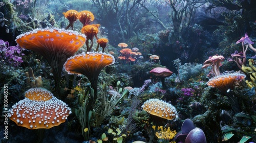 unusual alien flora, bright contrasts, fascinating and whimsical, shimmering surfaces, located in a dreamlike landscape with ethereal lighting photo