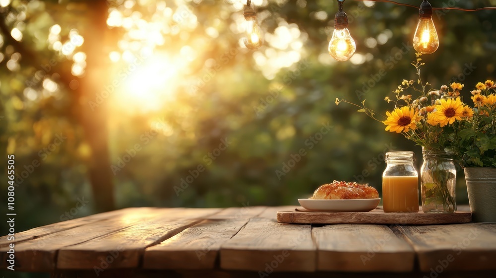 A sun-drenched garden table adorned with a pastry and orange juice, surrounded by vibrant flowers, encapsulating a bright and cheerful morning ambiance. A sun-drenched garden table adorned with a pastry and orange juice, surrounded by vibrant flowers, encapsulating a bright and cheerful morning ambiance.