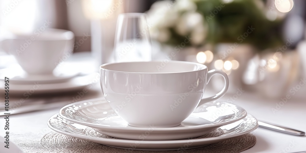 A classic white teacup with saucer beautifully arranged in an atmospheric setting, highlighting elegance and tranquility. A classic white teacup with saucer beautifully arranged in an atmospheric setting, highlighting elegance and tranquility.