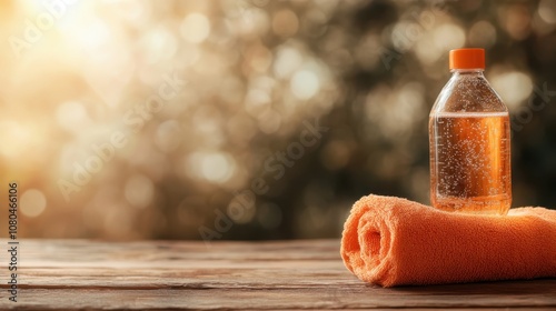 A sparkling water bottle sits atop an orange towel with a sun-dappled outdoor background, capturing the essence of refreshment and summertime relaxation in soft focus. photo