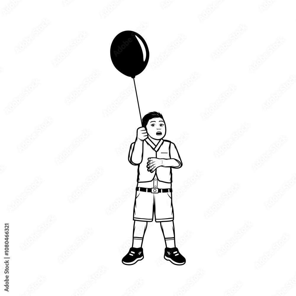 cute little boy in school uniform playing balloons black and white vector line art cute little boy in school uniform playing balloons black and white vector line art