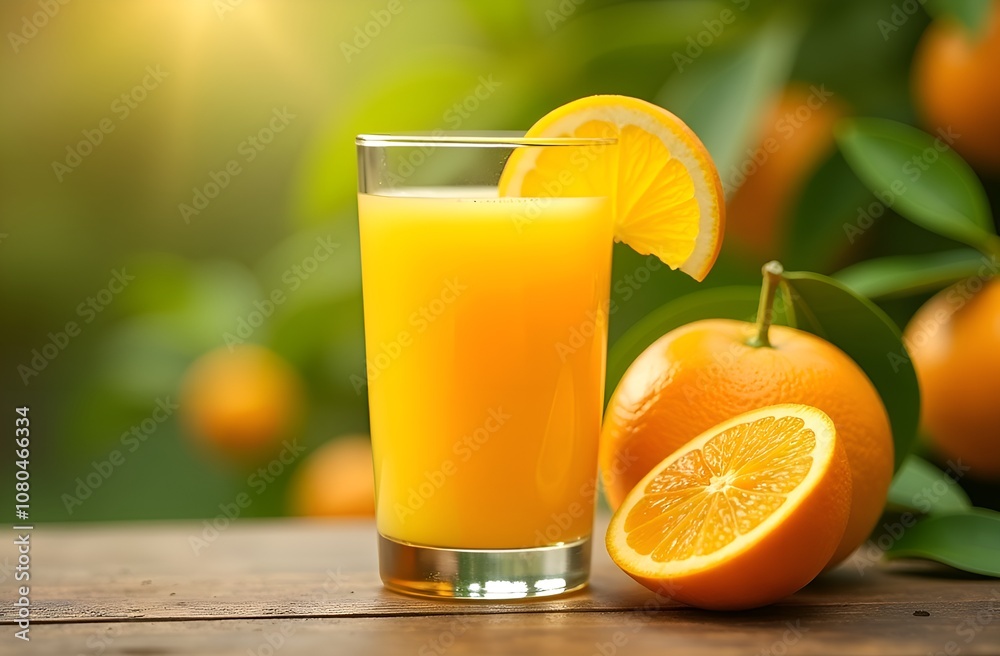 Fototapeta premium Glass of orange juice and orange on wooden table. Orchard in the background.