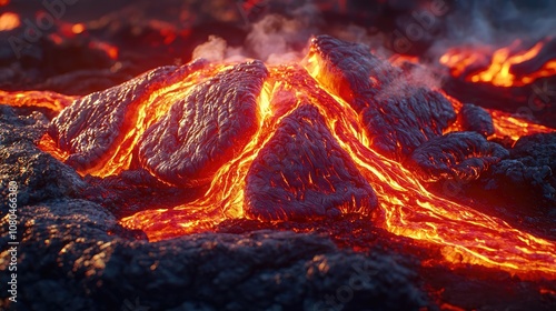 Lava flow with glowing orange and red colors, rocky terrain, dramatic volcanic landscape. photo