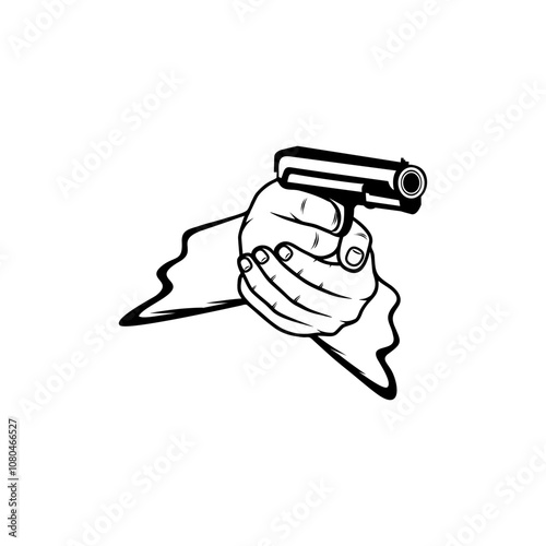 holding a firearm pointing to the side with both hands in black and white vector line art