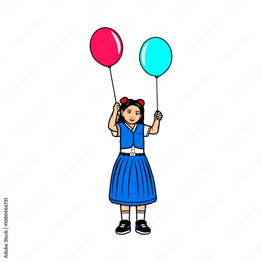 cute little girl in school uniform playing balloons cartoon vector illustration cute little girl in school uniform playing balloons cartoon vector illustration