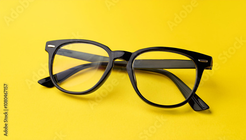 Pair of black eyeglasses against yellow backdrop. For promo poster or banner.