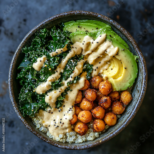 nutrient packed bowl featuring quinoa, kale, chickpeas, and avocado, drizzled with tahini sauce. This vibrant dish is perfect for healthy meal photo