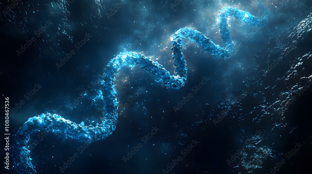 A blue DNA double helix floating in space with light rays shining.
A blue DNA double helix floating in space with light rays shining.