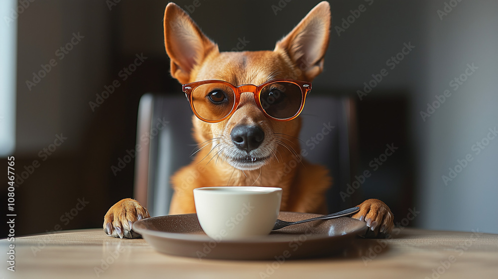 A portrait of a dog breed wearing sunglasses and eating milk from a plate, sitting upright with paws on the table, looking straight at the camera, minimalist, White background, high resolution A portrait of a dog breed wearing sunglasses and eating milk from a plate, sitting upright with paws on the table, looking straight at the camera, minimalist, White background, high resolution