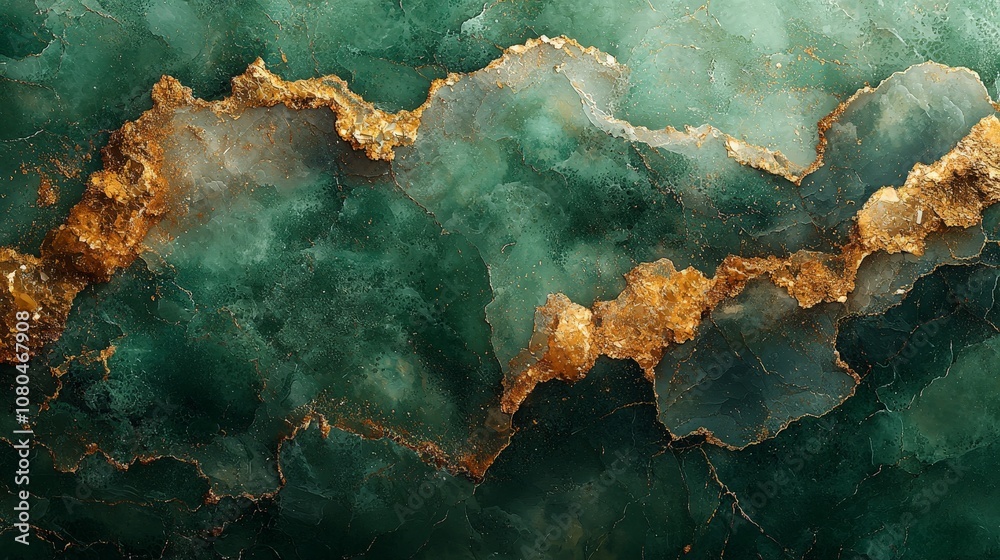 A close-up of green and gold marbled stone with intricate patterns. A close-up of green and gold marbled stone with intricate patterns.