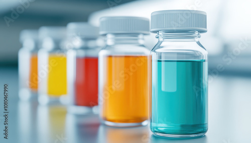 Colorful liquids in glass test tubes create vibrant and scientific atmosphere. arrangement showcases various hues, enhancing visual appeal of laboratory setting