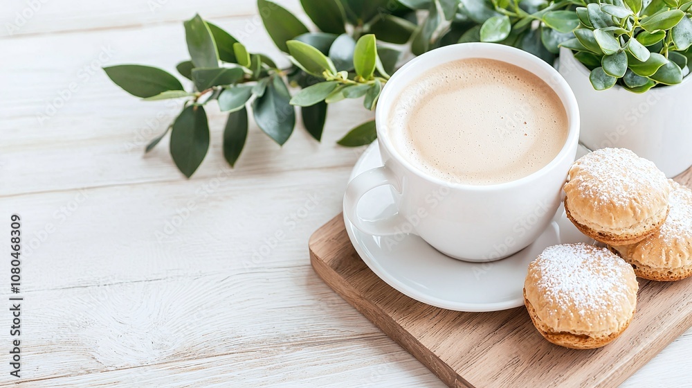 A cozy scene featuring a cup of coffee on a wooden board, accompanied by sweet cookies and greenery, inviting relaxation and enjoyment. A cozy scene featuring a cup of coffee on a wooden board, accompanied by sweet cookies and greenery, inviting relaxation and enjoyment.