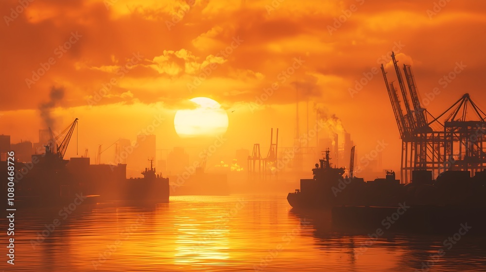 Capture the beauty of lasalus port at dawn with silhouetted cargo ships Capture the beauty of lasalus port at dawn with silhouetted cargo ships
