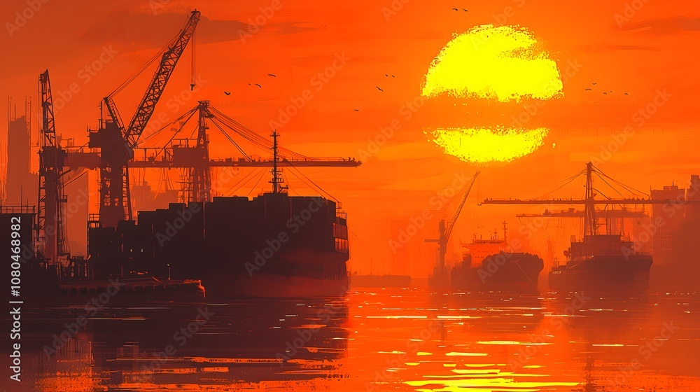 Obraz premium Witness cargo ships silhouetted against a stunning dawn at lasalus port