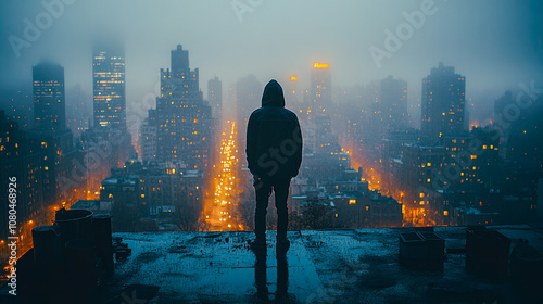 A man stands in a neon city in the rain at night with his back to the camera. Criminal at night, no face visible. generative AI, generative, ai.