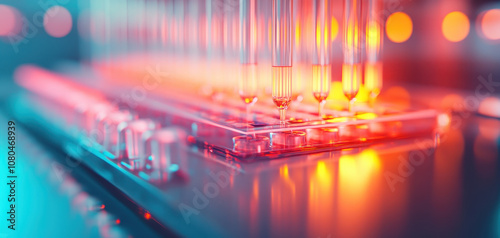 Focused image of DNA samples loaded into gel electrophoresis setup, showcasing vibrant colors and intricate details of scientific process. glowing tubes highlight precision of laboratory work photo