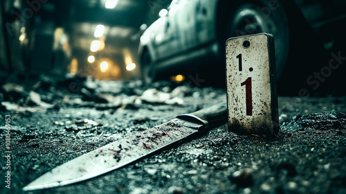 knife Evidence and Tag with red stains placed on a hard floor, accompanied by an evidence marker labeled. Criminal case, investigation and evidence. generative AI, generative, ai.