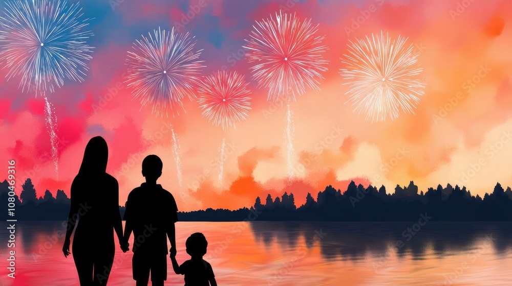 Fototapeta premium Family watching fireworks together by the lake at sunset.