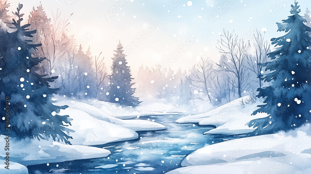 Fototapeta premium Winter landscape with a river among snowdrifts, trees in the forest, watercolor illustration