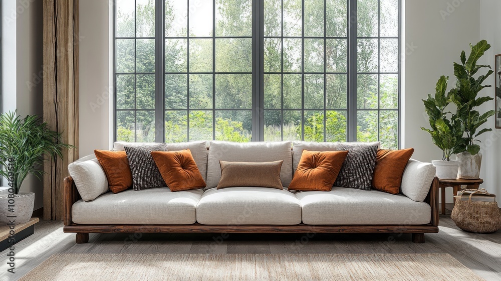 Fototapeta premium Modern living room interior with beige sofa and brown cushions, wooden floor, and large window.