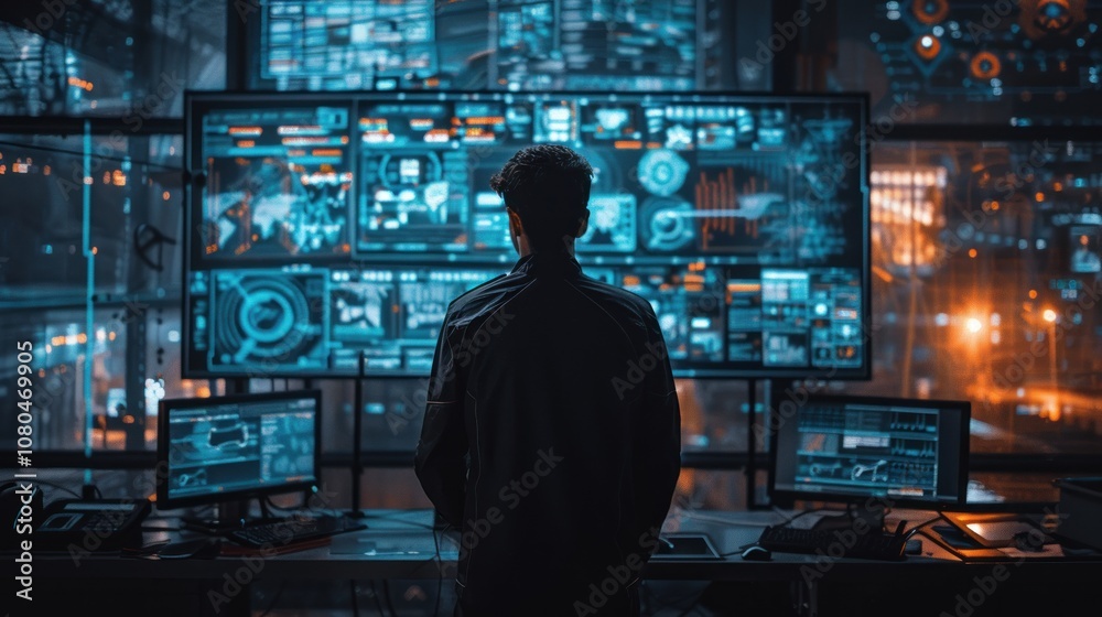 A man stands in front of a wall of computer screens displaying data and graphs. A man stands in front of a wall of computer screens displaying data and graphs.