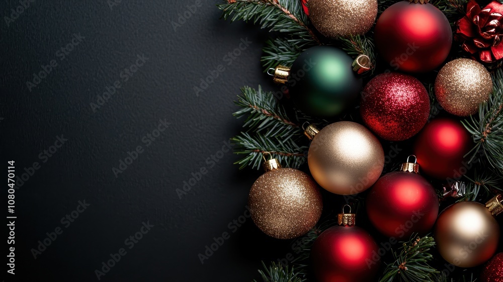 An assortment of red, gold, and green ornaments, paired with pine branches, set against a black textured background, capturing an elegant holiday essence. An assortment of red, gold, and green ornaments, paired with pine branches, set against a black textured background, capturing an elegant holiday essence.