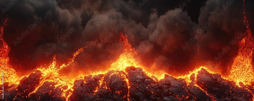 Lava flow emerging from a volcanic eruption, dramatic landscape with dark clouds. Lava flow emerging from a volcanic eruption, dramatic landscape with dark clouds.