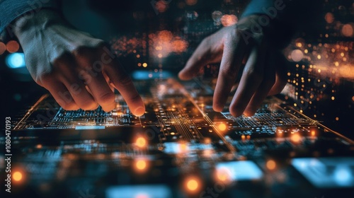 Close-up of hands assembling electronic circuit board 