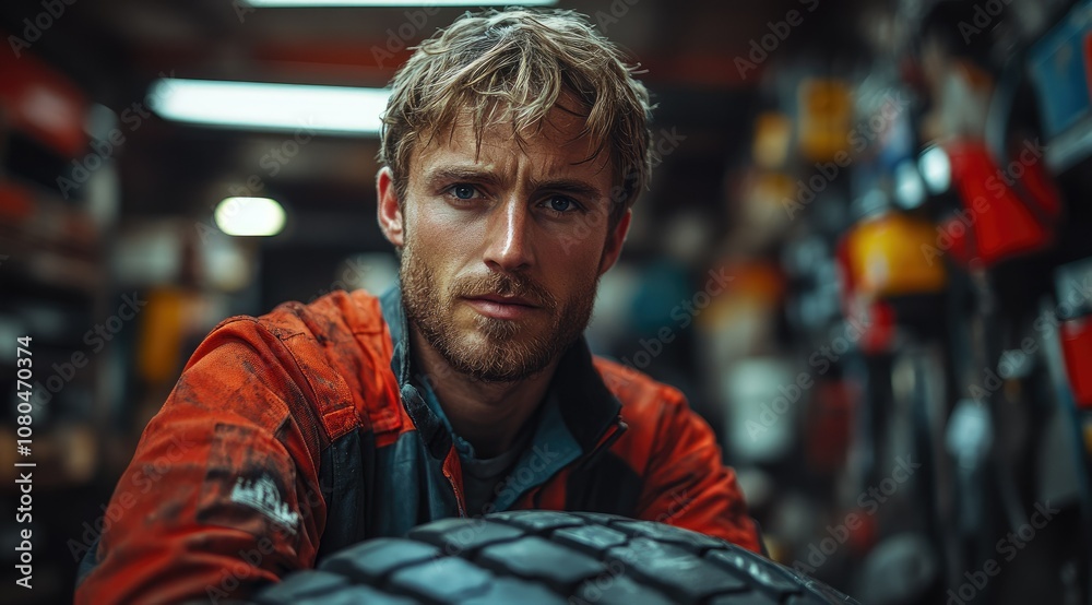 A young man in a garage, leaning on a tire, looks directly at the camera. A young man in a garage, leaning on a tire, looks directly at the camera.