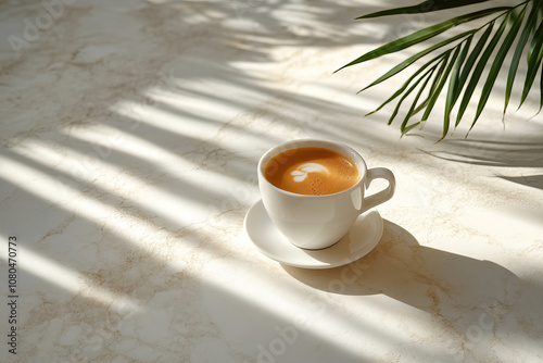 Ristretto coffee in a stylish cafe with lush greenery, trendy concrete decor, bright shadows, health-conscious, vibrant, eco-friendly lifestyle photo