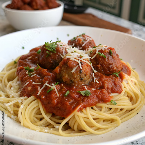 Spaghetti with bolognese sauce on wooden table